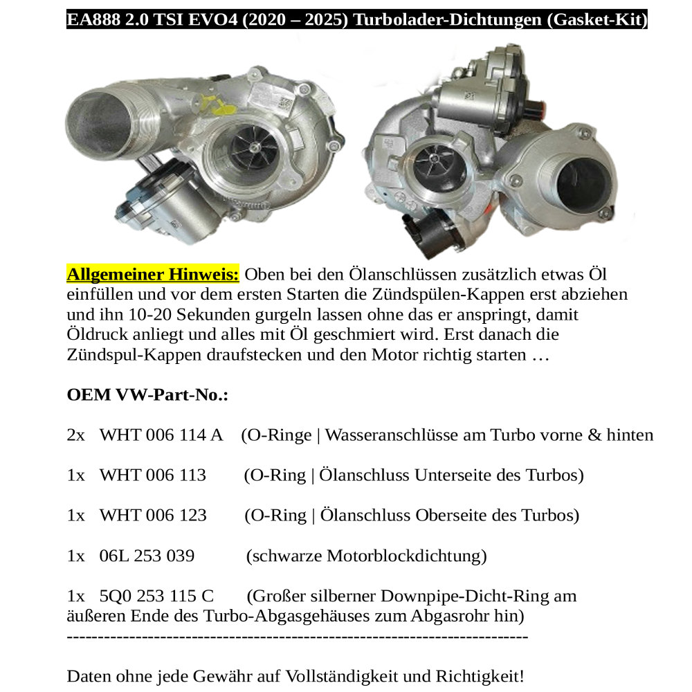 Turbolader Golf 8 R GTI Clubsport Dichtungen VIII MK8 Gaskets Kit Seals o-rings Audi S3 8Y T-Roc Arteon Tiguan R Cupra Leon 4 KL Skoda Octavia RS NX IV
